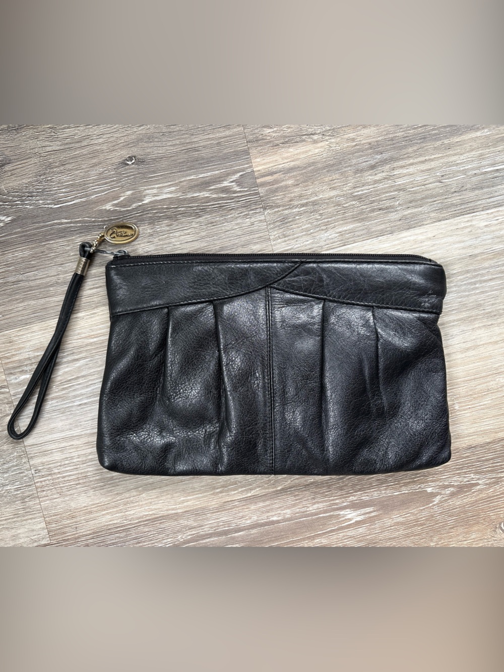 VTG Etra Black Leather 10” Clutch Wristlet Zipper Top Closure Bag Charm Retro